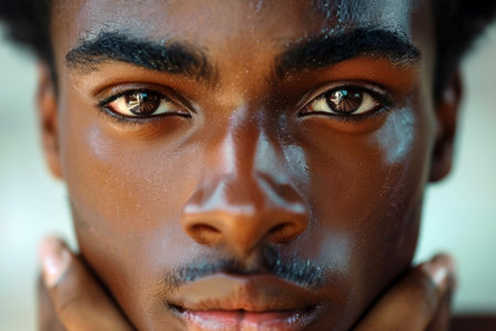 Close up portrait of young African American man looking at cameraの素材