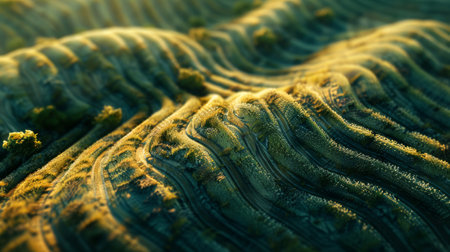 Aerial view of a green grass field. Abstract agricultural background of nature and agriculture.の素材