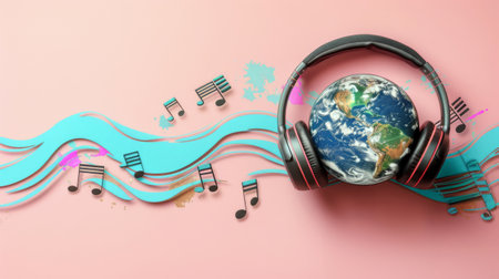Earth planet with headphones and music notes on pink background. World Music Day concept.の素材