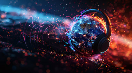 Earth planet with headphones on dark background. The concept of the World Music Day.の素材
