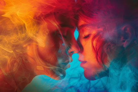 Double exposure of man and woman in colorful smoke on black background.の素材