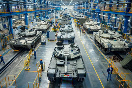 Modern tanks on the production line. Military industrial concept.の素材