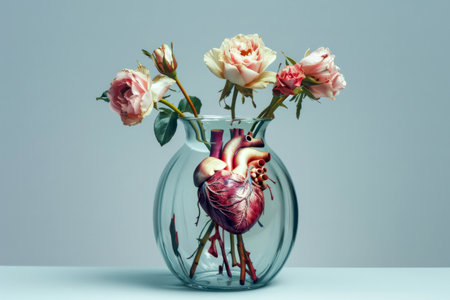Heart in glass vase with red roses on blue background. The concept of heart disease prevention.の素材