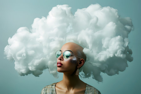 Portrait of beautiful bald young woman wearing sunglasses against cloud background. Art photo.の素材