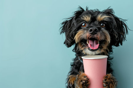 Dog cafe. Black cute dog with paper coffee cup on blue background.の素材