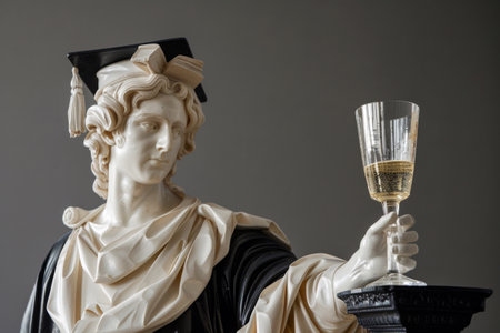 Statue of a man in graduation cap holding a glass of champagneの素材