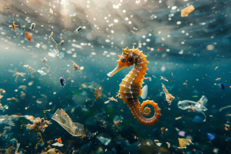 Seahorse swimming in littered water. Close-up of a seahorse. Concept of pollution of seas and oceans.の素材