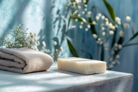 Spa and wellness setting with natural soap, towel and flowers.の素材