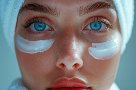 Close-up portrait of a beautiful young woman with cosmetic mask on her faceの素材