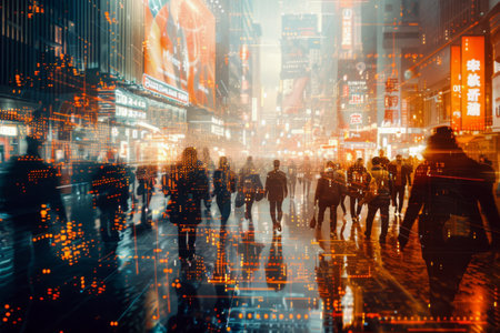 Double exposure of people walking in the background of the city in time for sunset. People walking in the city at nightの素材