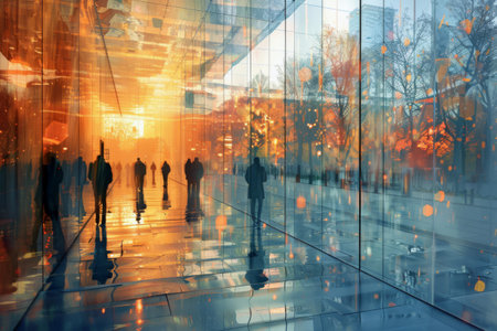 Silhouettes of people walking in the city at sunset.の素材