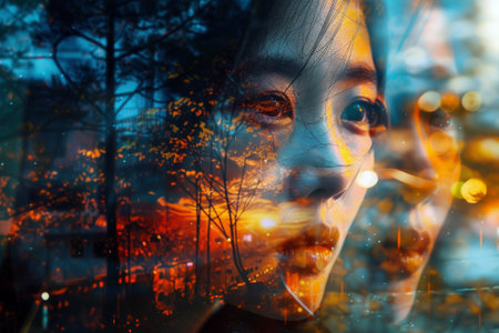 Double exposure portrait of beautiful Asian woman looking through window in the cityの素材
