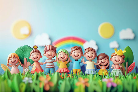 Illustration of happy children in grass on a rainbow background. Concept of children protection day.の素材
