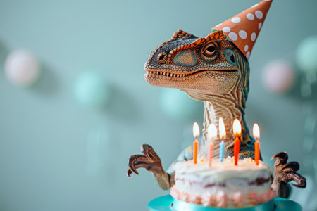 Cute dinosaur with cake on blue background with bokeh. Birthday concept.の素材