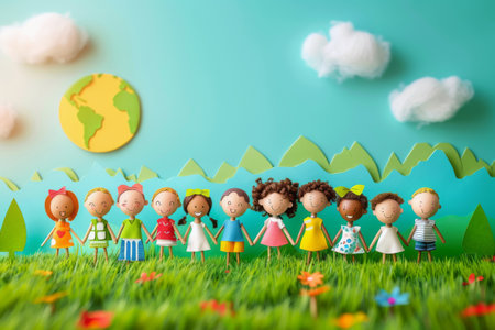 Group of cute children on green grass on the background of paper map of the world. Concept of the International Children's Day.の素材