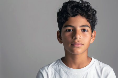 Portrait of a young handsome Latino teenager in a white t-shirt against a gray wall.の素材
