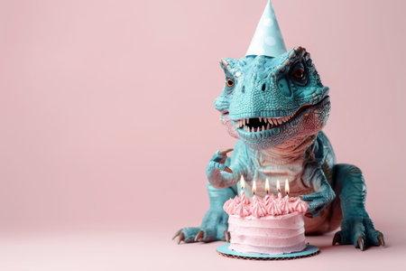 Cute dinosaur with birthday cake on pink background. Copy space.の素材