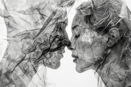 Double exposure of a man and a woman on a white background.の素材