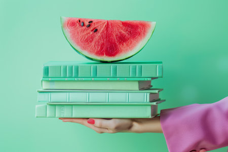 Female hand holding a stack of books with a slice of watermelon on top on a green background. Concept of book novelties and bestsellers.の素材