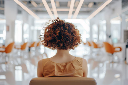 Back view of a young African-American woman with curly hair sitting in a chair in a hairdressing salon.の素材