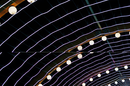 Garlands with white bulbs and neon tubes on a net, festive lighting in the nightの写真素材