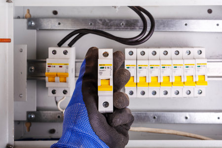 Electrician in blue glove holding circuit breaker in front of row of switches in distribution boxの写真素材