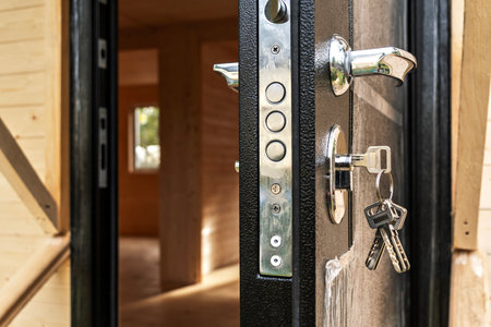 Open door with keys in lock against new wooden house background, concept of readiness for moving inの写真素材