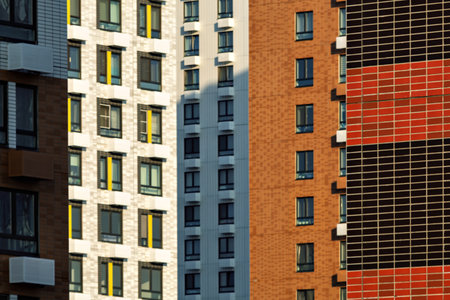 Colorful urban facades with repetitive windows and bold textures form a structured cityscape bathed in warm light and deep evening shadows.の写真素材