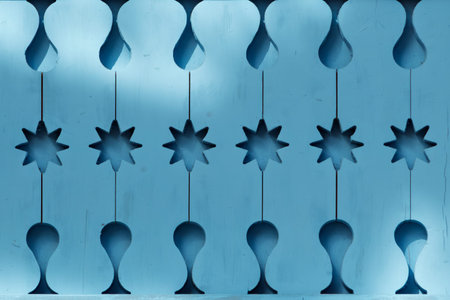 Abstract geometric pattern with star and drop shapes carved into a blue wooden surface, creating...