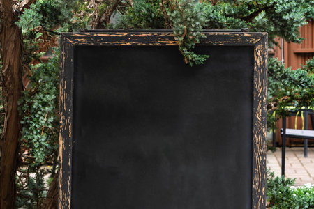 Weathered empty chalkboard with distressed wooden frame stands in lush green garden, inviting creativity and outdoor announcements.の写真素材