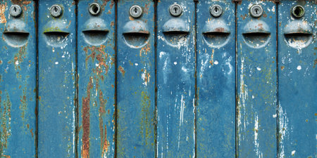 Row of vintage blue metal mailboxes with weathered surfaces, rusty spots and peeling paint creates a nostalgic urban atmosphere.の写真素材