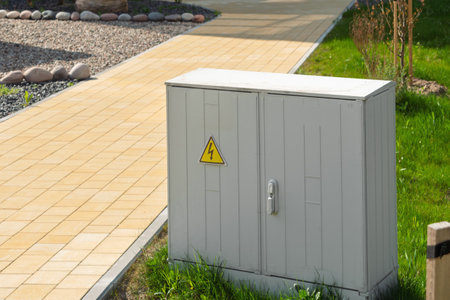 Metal electrical cabinet with warning sign stands on fresh green grass near modern paved walkway in urban landscaped area.の写真素材