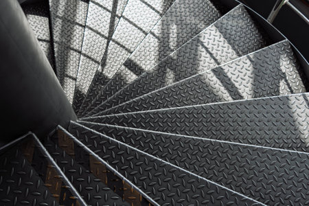 Curved metal staircase with textured diamond plate steps spirals downward, illuminated by soft daylight and dynamic shadows in a modern industrial interior.の写真素材