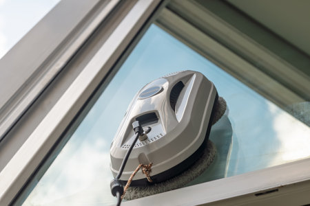 Robotic window cleaner smoothly glides on exterior glass, reflecting blue sky and sunlight, showcasing modern home automation ease.の写真素材