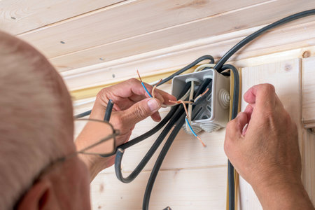 An elderly electrician carefully connects stripped wires in a junction box on a wooden ceiling, ensuring safe power installation.の写真素材