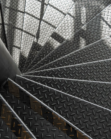 Industrial metal spiral staircase in stairwell highlights geometric pattern and texture, cool tones and bold shadow lines.の写真素材