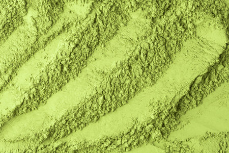 Organic green tea powder, close-up of green tea powderの写真素材