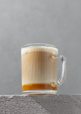 Creamy layered latte in clear ribbed mug on concrete ledge, soft gray backdrop adds calm morning mood and cozy coffee break moment.の写真素材