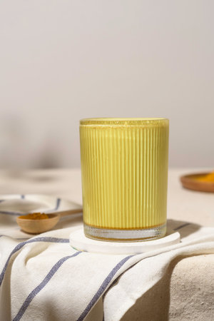 Sunny turmeric latte in ribbed glass stands on striped linen in soft daylight, radiating calm comfort and warm wellness moodの写真素材