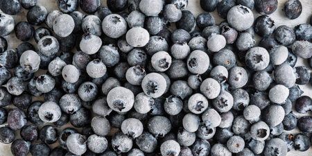 Frozen blueberries create cool textured banner background for healthy food design, diet ads, smoothie menus and seasonal promotions.の写真素材