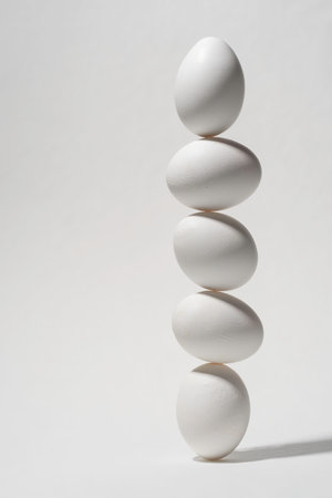 Five white eggs balancing vertically on white background forming airy minimal scene that highlights fragile balance and gentle harmonyの写真素材