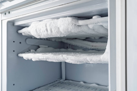 Side view of overloaded frost buildup inside freezer, showing need for proper defrost, energy saving and regular household careの写真素材