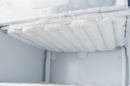 Open freezer drawer reveals thick ice crust on cooling element, showing neglected defrost schedule and reduced appliance efficiencyの写真素材