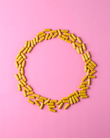 Yellow supplement capsules create circular frame on pink background, clean wellness banner template with central copy space.の写真素材