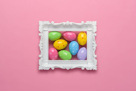 Colorful Easter eggs in ornate white frame on pink background, playful spring decoration for greeting card, banner, mockup.の写真素材