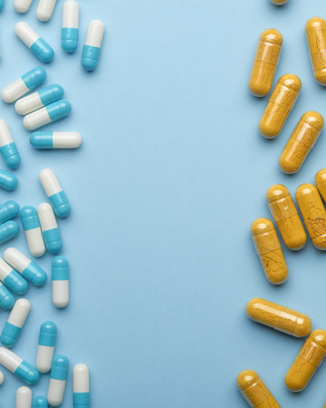 Blue and white capsules face golden herbal capsules on pastel blue background, minimal layout with copy space for healthcare message.の写真素材