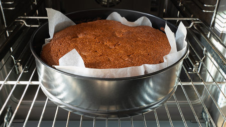 freshly baked cake in black shape for baking in electric oven. food preparation.