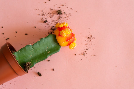 red and yellow color of Gymnocalycium mihanovichii cactus in mini pot on pink background. ornamental...