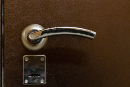 chrome door handle with lock on metal front door close-up