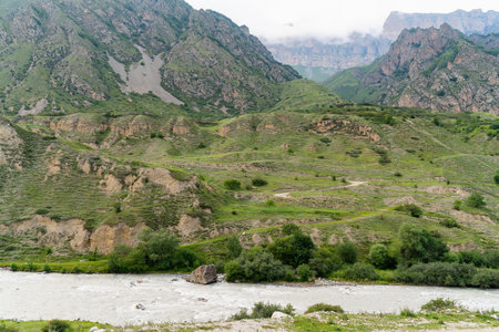 beautiful landscape mountain valley with river bright Sunny day . Caucasus mountain
